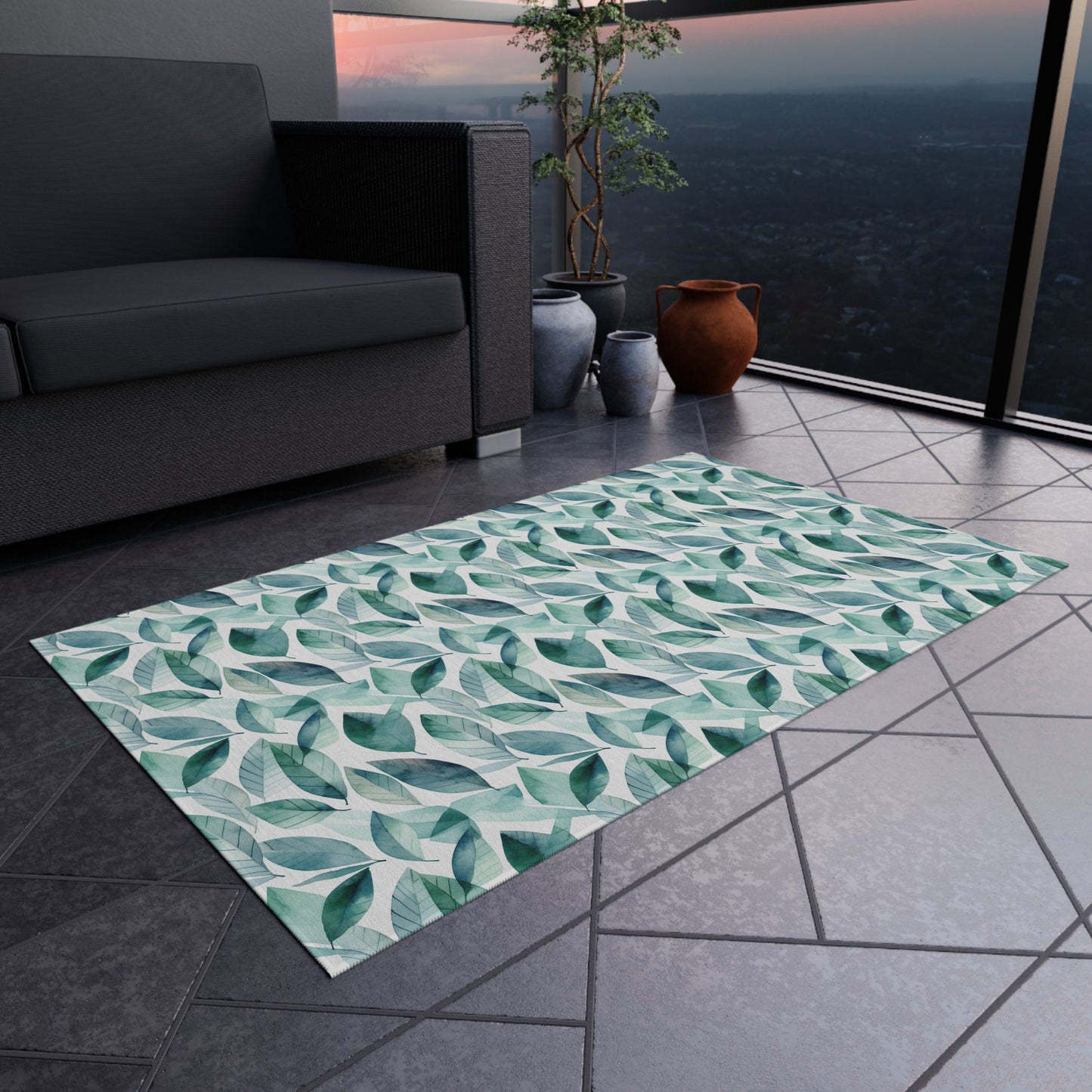 Boho Outdoor Rug with Leaf Pattern