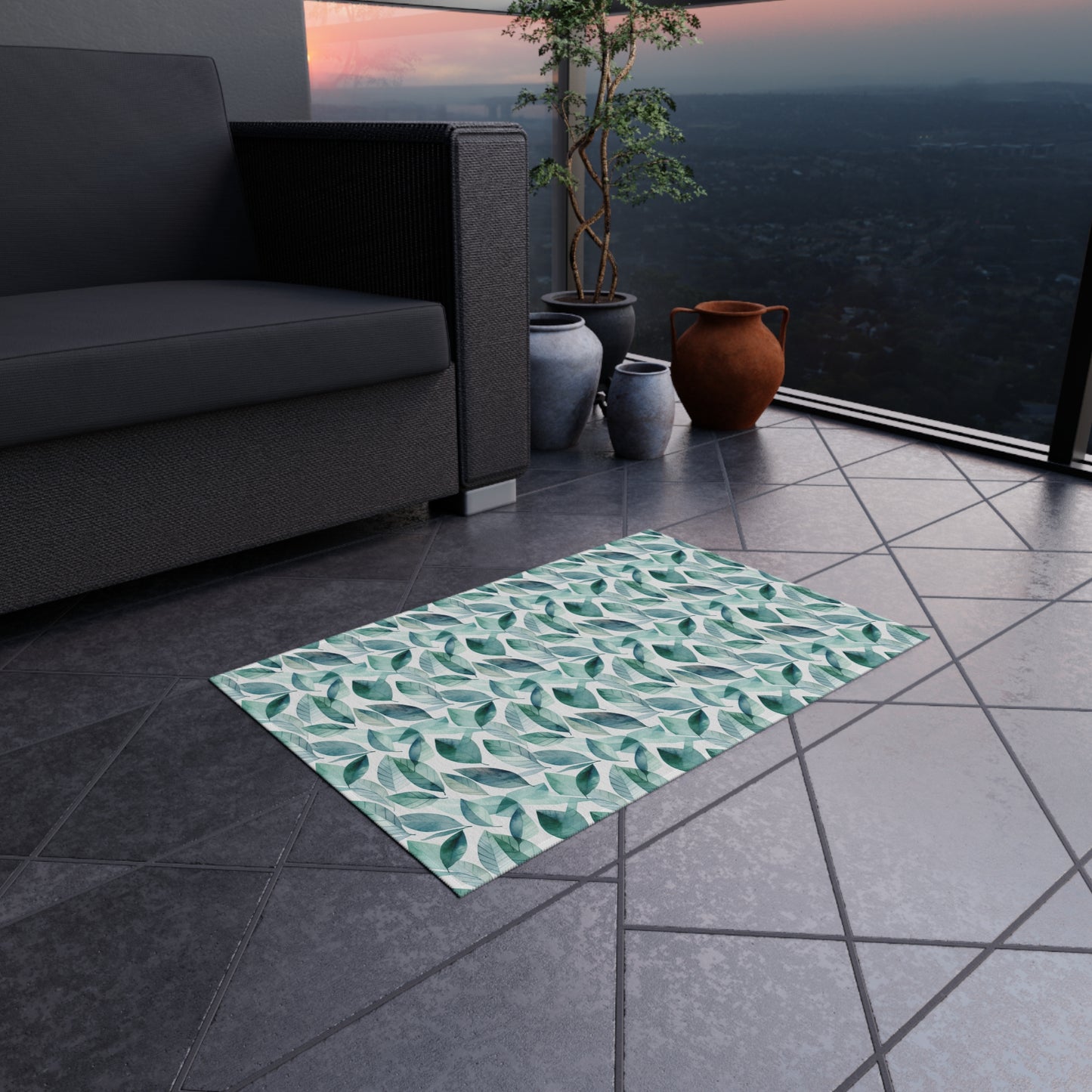 Boho Outdoor Rug with Leaf Pattern