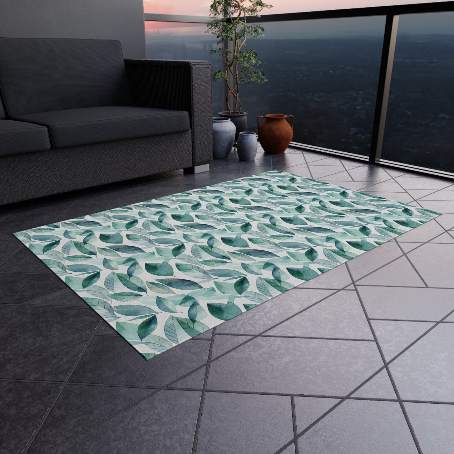 Boho Outdoor Rug with Leaf Pattern